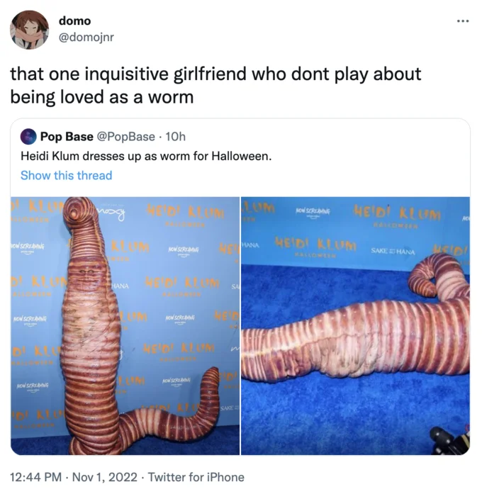 Heidi Klum's Worm Costume — Tweet joking about an inquisitive girlfriend over Heidi Klum worm costume photos