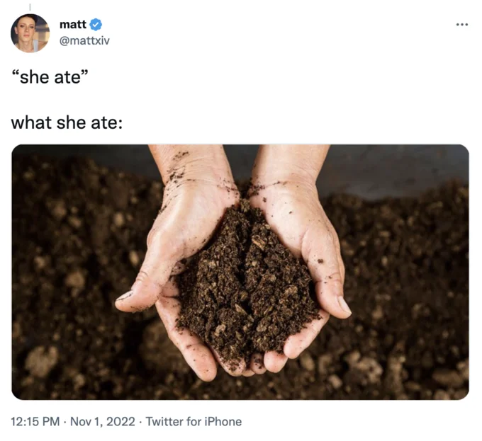 Heidi Klum's Worm Costume — Tweet joking 'she ate' above photo of hands holding soil
