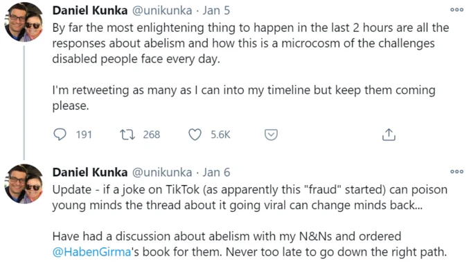 Helen Keller Denial — Final tweets in Daniel Kunka's thread reflecting on ableism and ordering Haben Girma's book for his relatives.