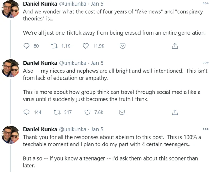 Tweets by Daniel Kunka linking Helen Keller denial to years of conspiracy theories and social media misinformation.