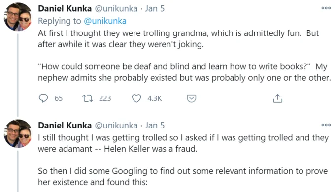 Helen Keller Denial — Screenshots of follow-up tweets by Daniel Kunka about his nieces and nephews doubting Helen Keller's disabilities and existence.