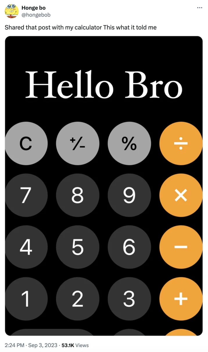 Hello Bro Hello Vro — Twitter post showing iOS calculator display reading 'Hello Bro'