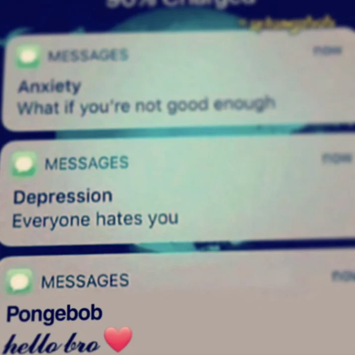 Hello Bro Hello Vro — Phone lock screen with messages from Anxiety, Depression, and Pongebob saying hello bro