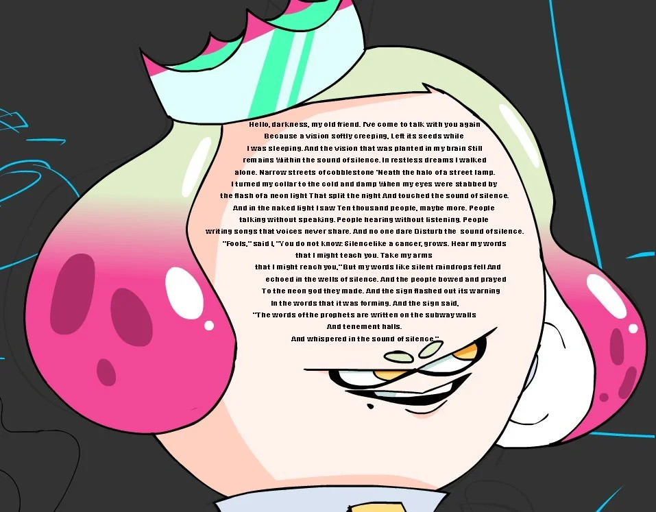 Hello Darkness, My Old Friend — Splatoon 2 character Pearl with 'The Sound of Silence' lyrics written across her face.