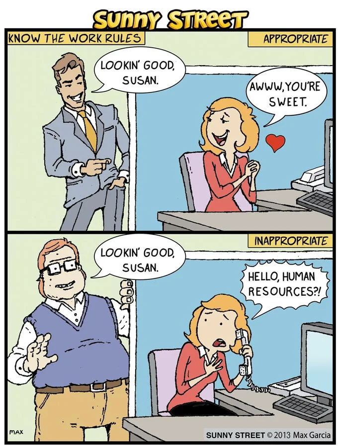 Hello Human Resources — The complete two-panel original Sunny Street comic showing contrasting reactions to compliments based on attractiveness with 'HELLO