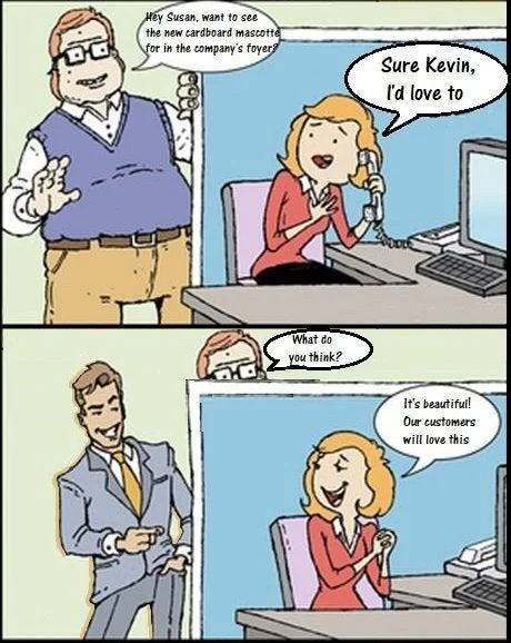 Hello Human Resources — A three-panel extended parody showing a conversation about a viral video in the original comic style.