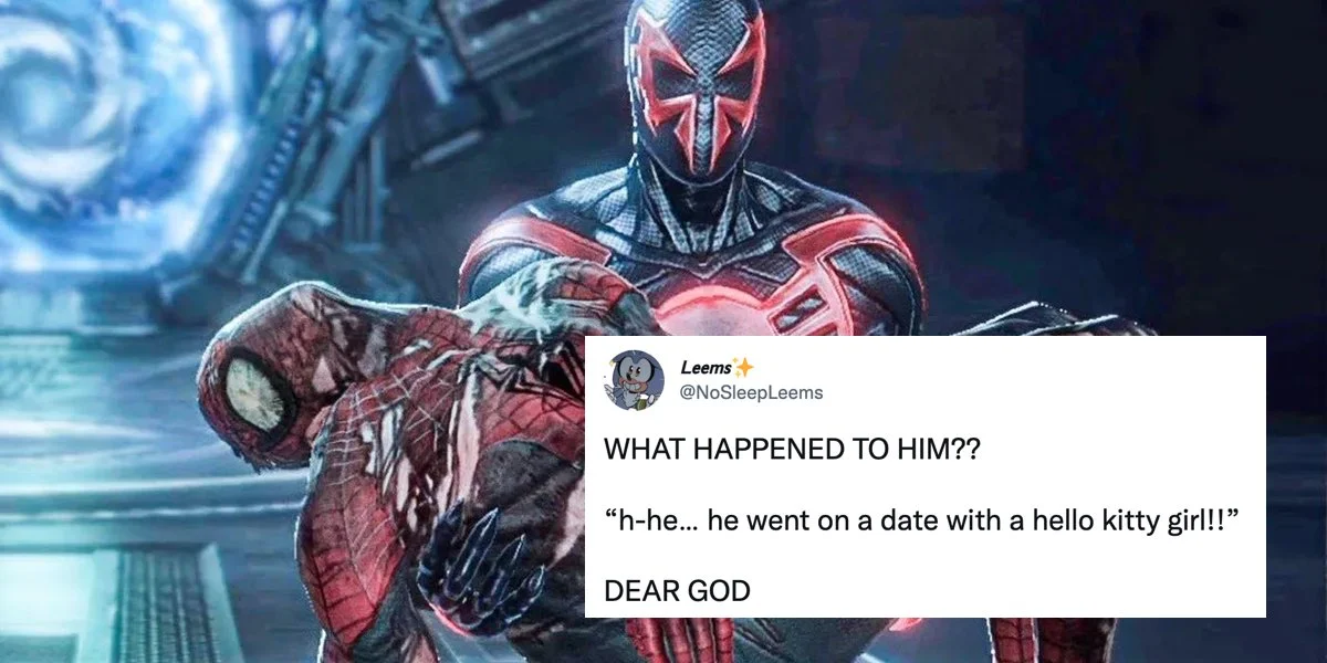 Spider-Man 2099 carrying wounded Spider-Man with tweet joking he went on a date with a Hello Kitty girl