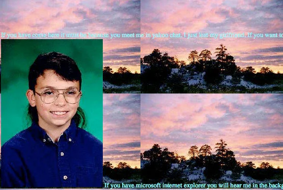 Hello My Future Girlfriend — Screenshot of Mike Blount's original personal homepage featuring his school portrait and tiled pink-purple sunset background with