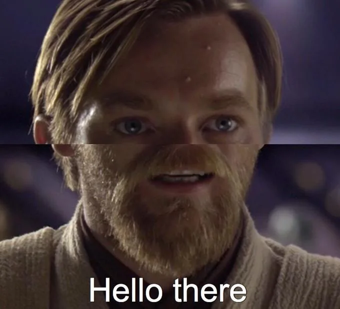 Two-panel Obi-Wan Kenobi image macro with Hello there caption