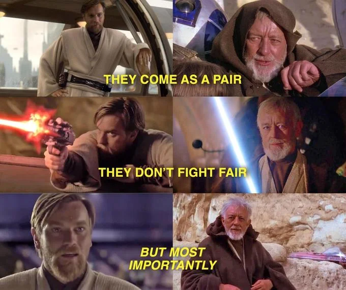 Hello There — Six-panel collage of young and old Obi-Wan Kenobi with text buildup