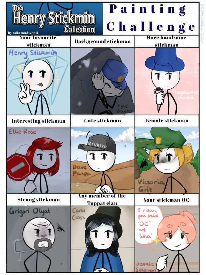 Nine-panel grid showing Henry Stickmin in different artistic styles and character variations.