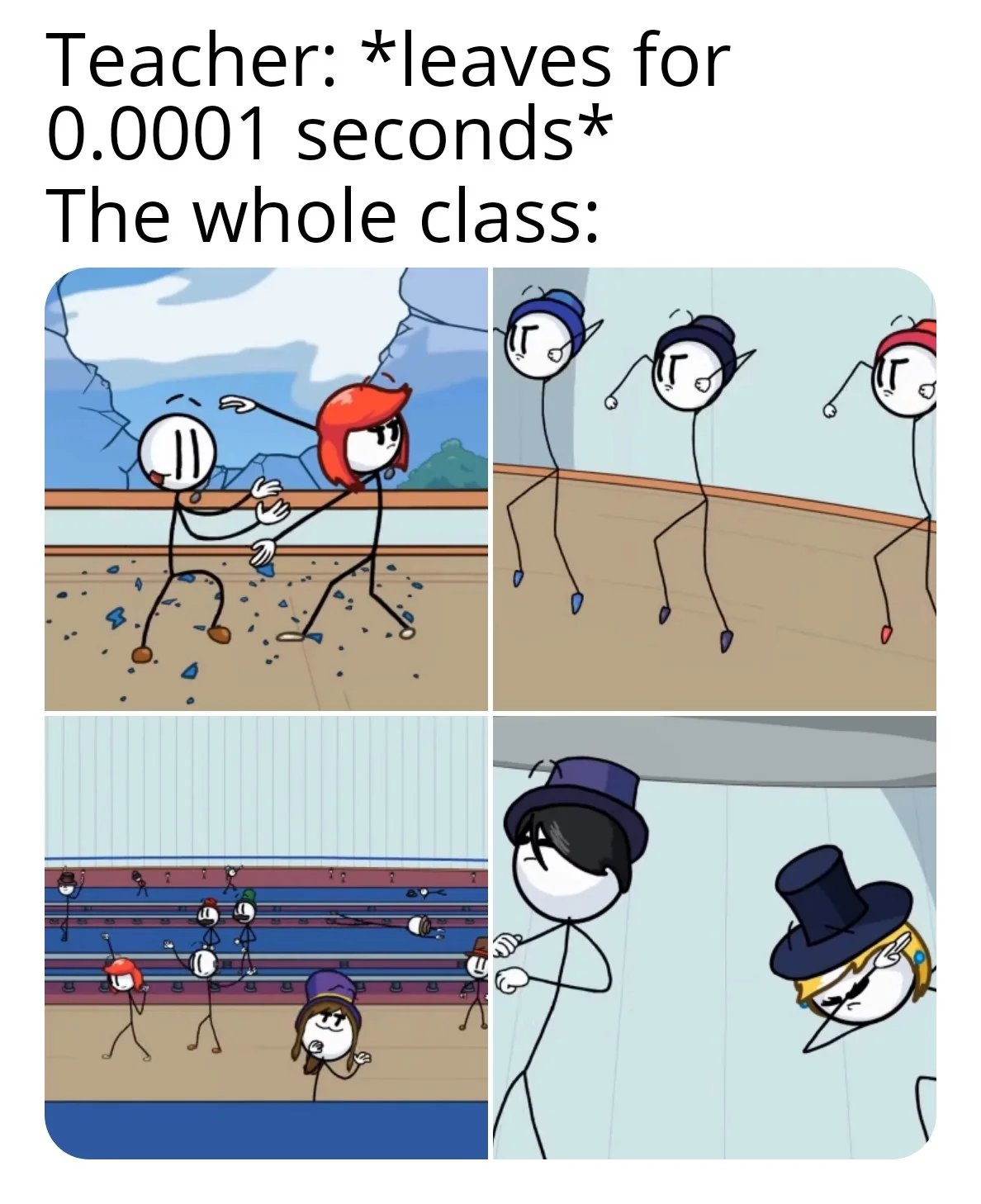 Henry Stickmin — Multi-panel meme using teacher leaves format with stick figure characters showing chaotic scenarios.