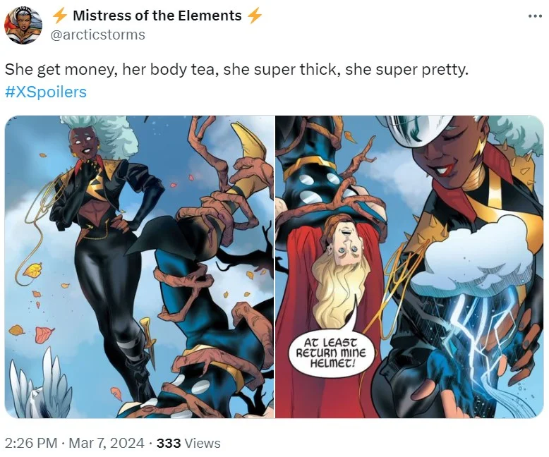 Tweet using 'her body tea' lyric alongside X-Men comic panels featuring Storm.