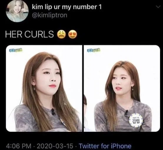Compressed screenshot of the @kimliptron 'HER CURLS' tweet with photos of Kim Lip.
