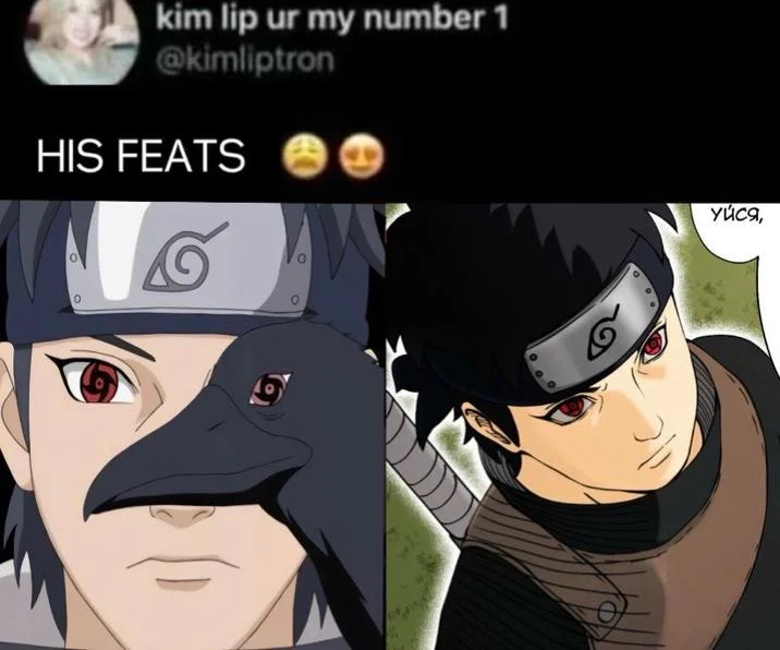Her Curls — 'HIS FEATS' meme parody with Mahito from Jujutsu Kaisen in the @kimliptron tweet format.