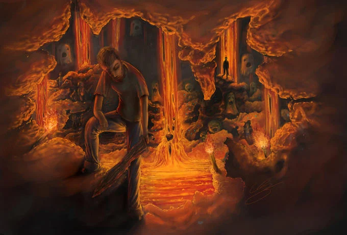 Digital fan art of a Minecraft player in a lava cavern with Herobrine watching from afar