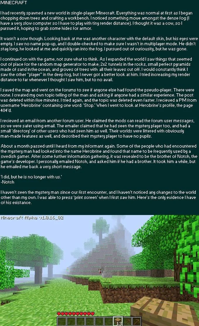 Screenshot of the original Herobrine creepypasta text with a Minecraft screenshot of a distant figure