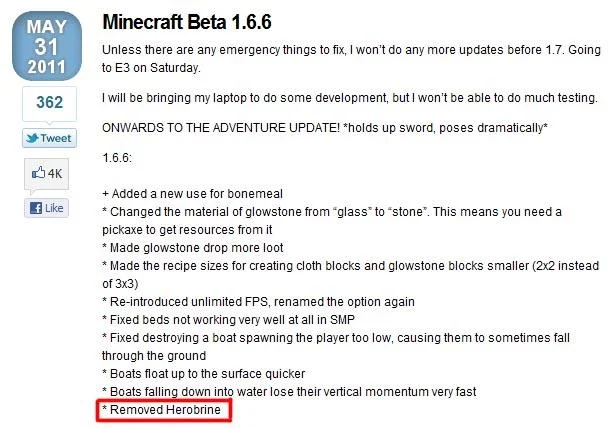 Minecraft 1.6.6 changelog with the line Removed Herobrine highlighted in red