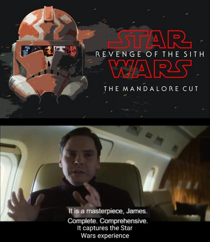 Hes Out Of Line But Hes Right — Star Wars Mandalore Cut banner with Zemo calling it a masterpiece