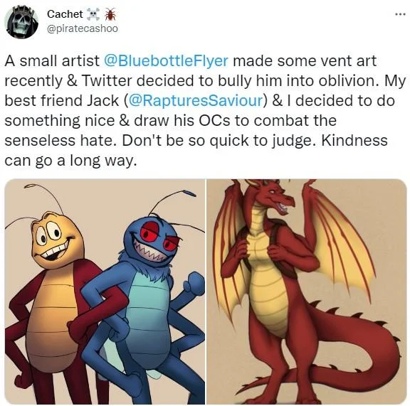 Hey Everyone Look At This Drawing Of My Own Original Character Bluebottleflyer — Tweet from Cachet showing fan art of Bluebottleflyer's original bug characters