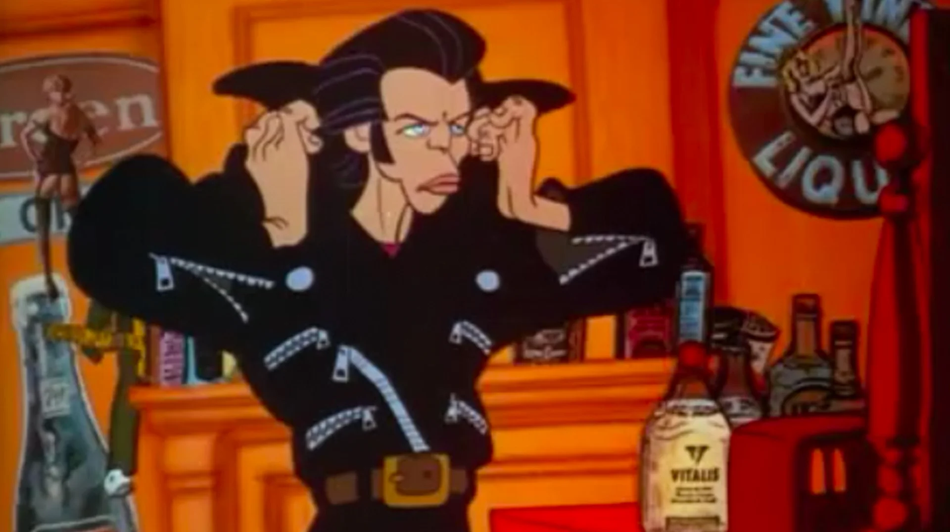 Hey Good Lookin Mmmbadayedeyo — Duke Phillips from The Critic combing his hair in a black leather jacket at a bar
