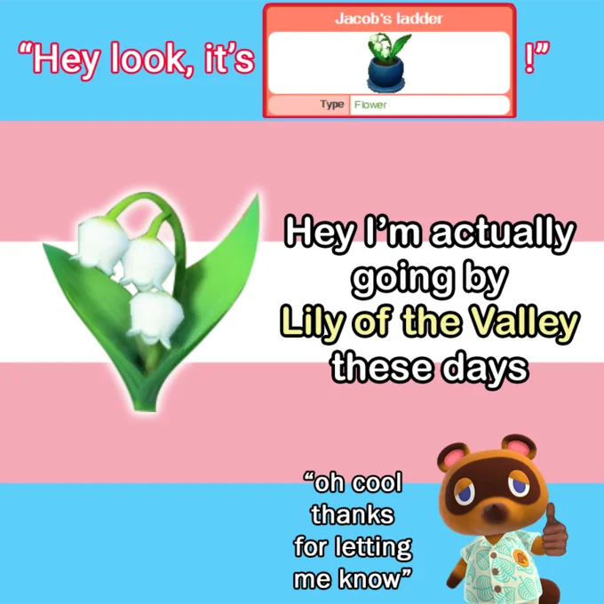 Hey, I'm Actually Going By They-Man These Days — Animal Crossing Lily of the Valley flower and Tom Nook on trans flag with meme dialogue.