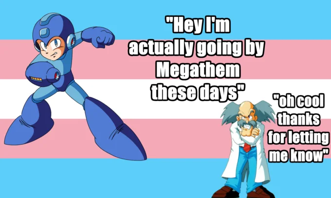 Hey, I'm Actually Going By They-Man These Days — Mega Man and Dr. Wily on trans flag with Megathem dialogue.