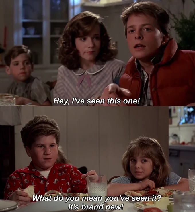 Hey Ive Seen This One — Iconic scene from Back to the Future showing three main characters with the canonical 'Hey, I've seen this one!' caption.
