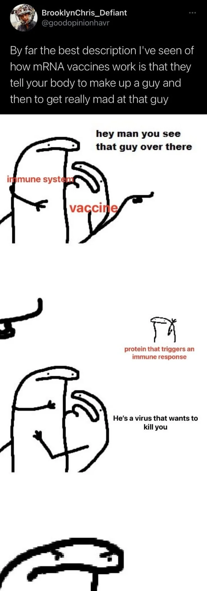 Hey Man You See That Guy Over There — Tweet and meme diagram explaining mRNA vaccines using the 'hey man you see that guy' meme, with labels for immune system
