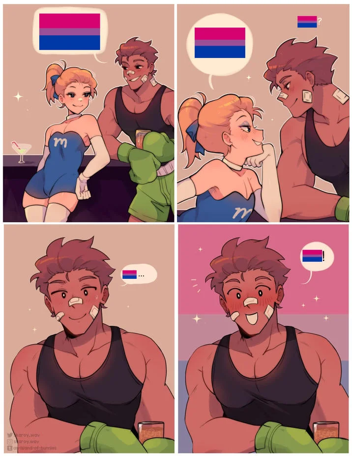 Hey Pretty Girl Can I Get A Taste Of That Candy I Come With Nuts — Text-free variation with all dialogue replaced by bisexuality pride flag symbols