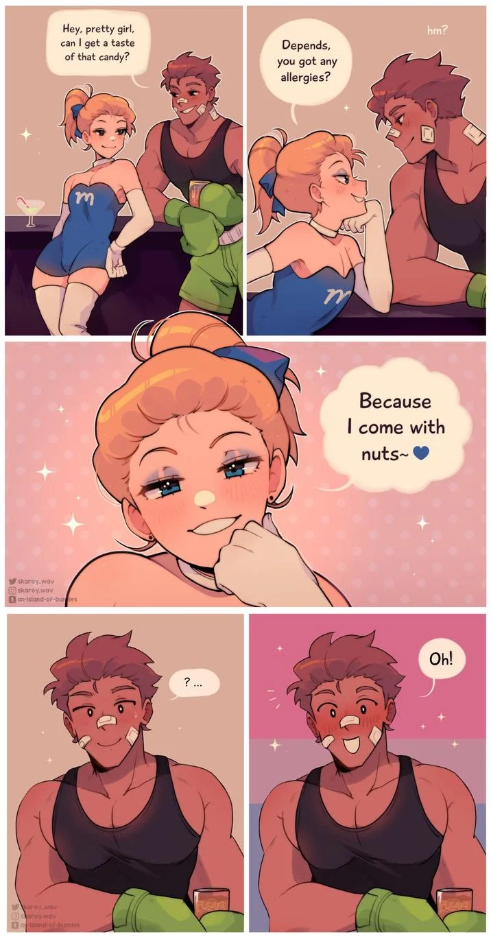 Hey Pretty Girl Can I Get A Taste Of That Candy I Come With Nuts — Full four-panel webcomic showing flirtatious candy exchange ending with 'I come with nuts'