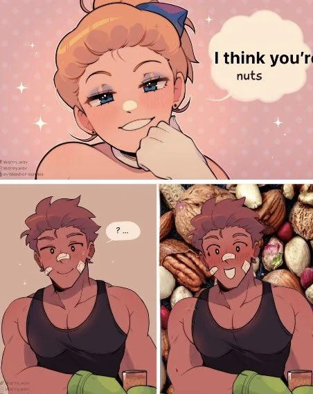 Hey Pretty Girl Can I Get A Taste Of That Candy I Come With Nuts — Two-panel parody with M&M saying 'I think you're nuts' and man reacting with photograph of