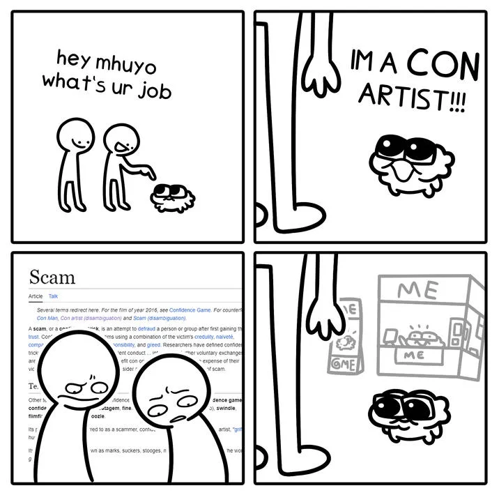 Hey Whats Ur Job — Square four-panel comic of Mhuyo character declaring 'I'm a con artist' with a Wikipedia scam article
