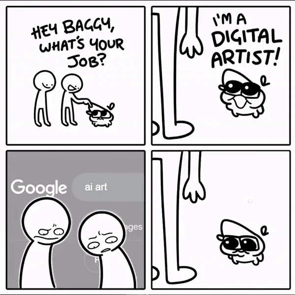 Hey Whats Ur Job — Four-panel comic where character called Baggy says 'I'm a digital artist' revealed to be AI art via Google search