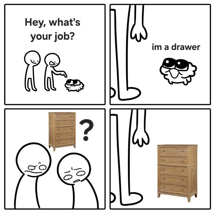 Hey Whats Ur Job — Four-panel comic with Mhuyo saying 'im a drawer' next to an image of a wooden dresser