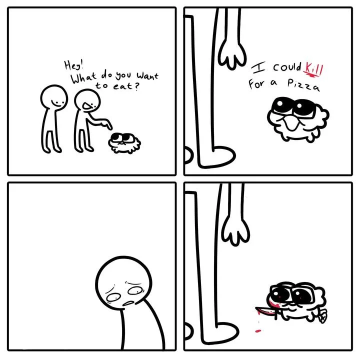 Hey Whats Ur Job — Four-panel comic where Mhuyo says 'I could kill for a pizza' then appears holding a bloody knife