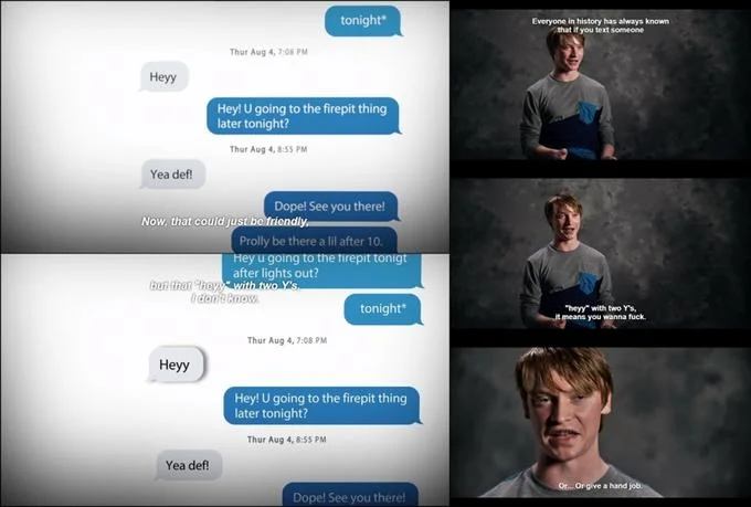 Collage of text messages and a documentary interview about the meaning of 'heyy' with two y's.