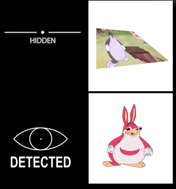 Hidden Detected meme comparing a small tilted Big Chungus rabbit with a large front-facing Big Chungus.