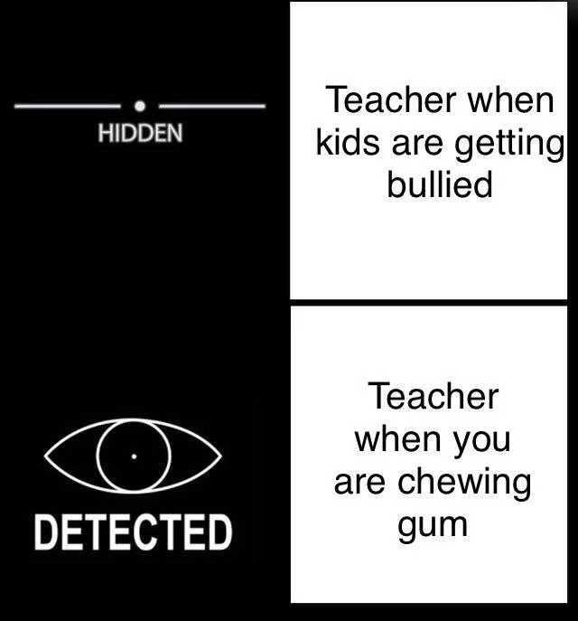 Hidden Detected meme with text about teachers ignoring bullying but noticing chewing gum.