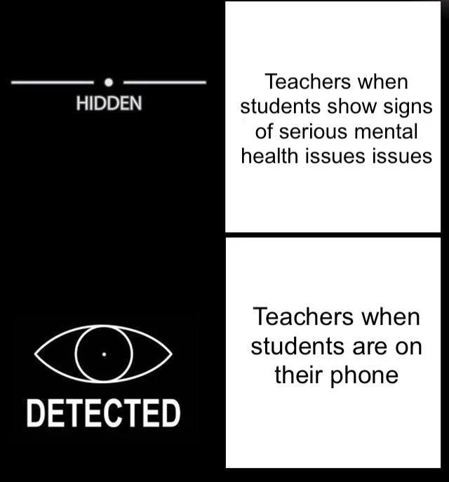 Hidden Detected meme about teachers ignoring mental health issues but noticing phones.