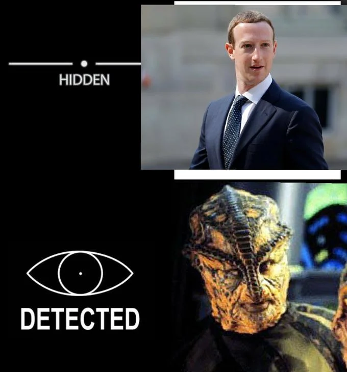 Hidden Detected meme comparing Mark Zuckerberg in a suit with a reptilian alien face.