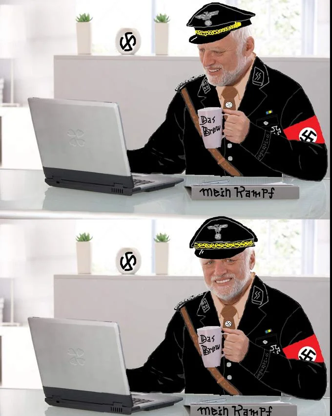 Hide the Pain Harold — Offensive fan edit overlaying Nazi military elements and symbols onto the Harold laptop template.