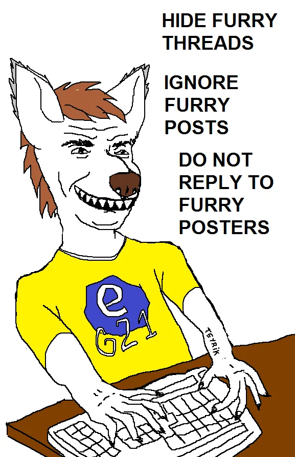 Hide X Threads Ignore X Posts Do Not Reply To X Posters — Furry wolf character in e621 shirt at a keyboard with 'Hide Furry Threads' meme text