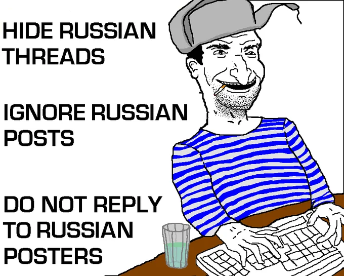 Hide X Threads Ignore X Posts Do Not Reply To X Posters — Russian sailor soyjak character at a keyboard with 'Hide Russian Threads' meme text