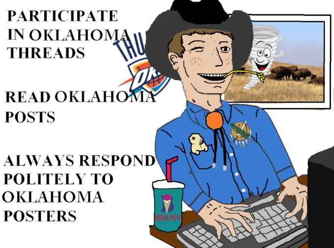 Hide X Threads Ignore X Posts Do Not Reply To X Posters — Oklahoma cowboy soyjak character at a keyboard with inverted 'Participate in Oklahoma Threads' meme