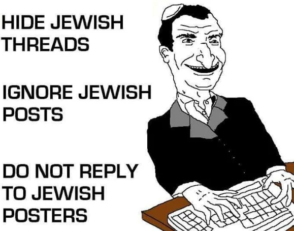 Hide X Threads Ignore X Posts Do Not Reply To X Posters — Caricature wearing a yarmulke at a keyboard with 'Hide Jewish Threads' meme text