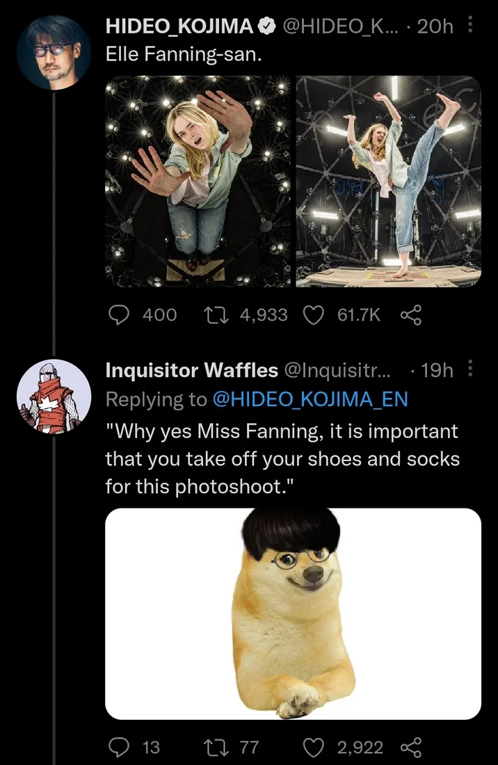 Hideo Kojima Feet Scans Foot Fetish — Twitter screenshot of Kojima posting about Elle Fanning with a reply joke about a foot photoshoot