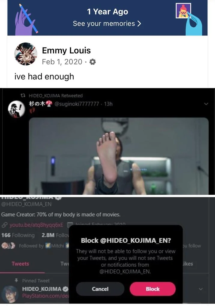Hideo Kojima Feet Scans Foot Fetish — Facebook memory post about being fed up with Kojima's foot content and blocking his Twitter