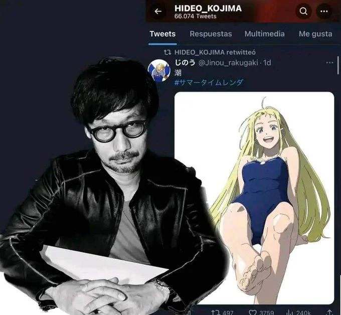 Hideo Kojima Feet Scans Foot Fetish — Hideo Kojima portrait beside a Twitter screenshot of anime fan art with visible feet