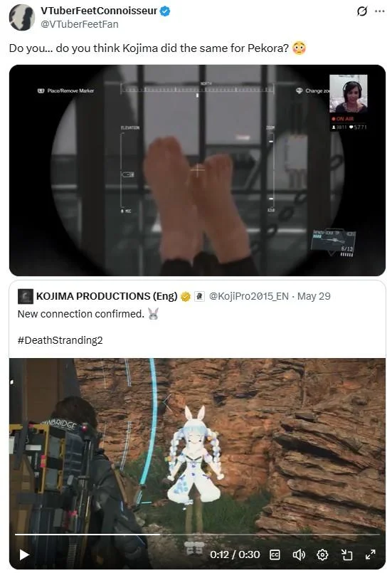 Hideo Kojima Feet Scans Foot Fetish — Tweet asking if Kojima scanned Pekora's feet, next to Death Stranding 2 collaboration announcement